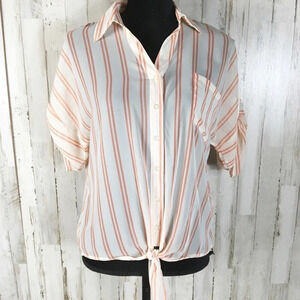 Pearl Button Down Sheer Tie Front Stripe Blouse L